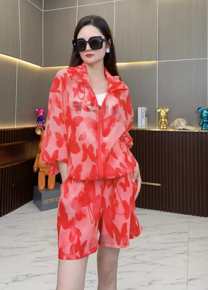Butterfly Print UV Protection Jacket & Shorts Set X3645