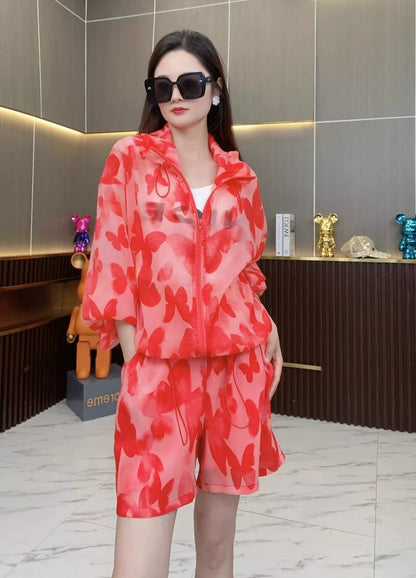 Butterfly Print UV Protection Jacket & Shorts Set X3645