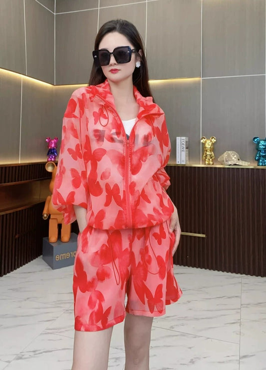 Butterfly Print UV Protection Jacket & Shorts Set　X3645