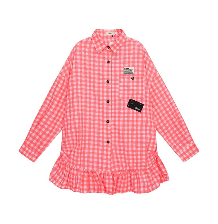 Plaid Casual Shirt Women's Letter Appliqué Ruffle Sun Protection Blouse　X3649