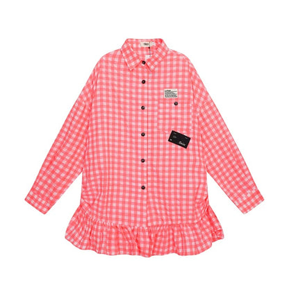 Plaid Casual Shirt Women's Letter Appliqué Ruffle Sun Protection Blouse　X3649