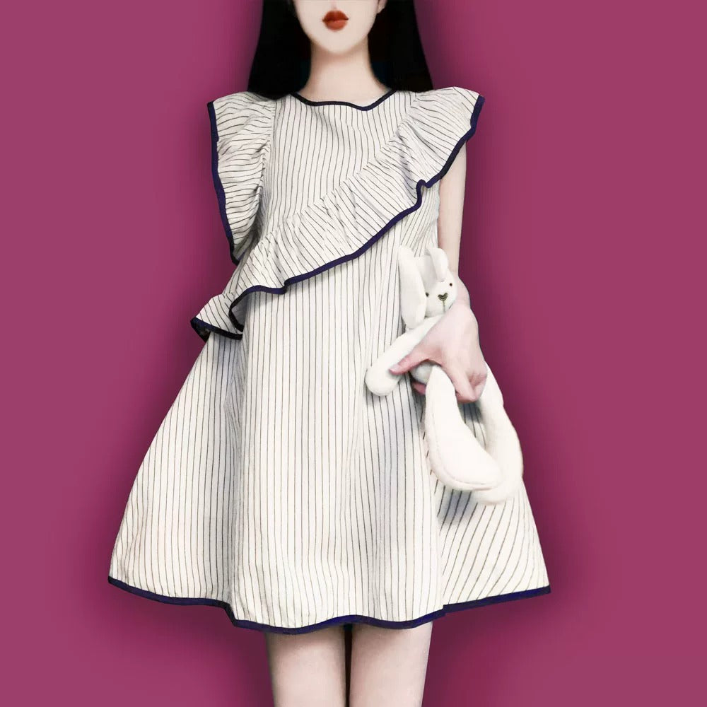 Striped Asymmetric Ruffle Doll Dress X3644