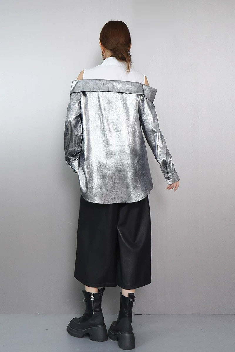 Design Off-Shoulder Metallic Shirt　X3630