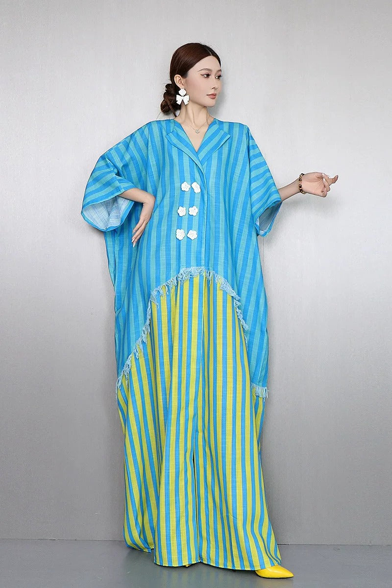 Resort Style V-Neck Striped Dress X3608