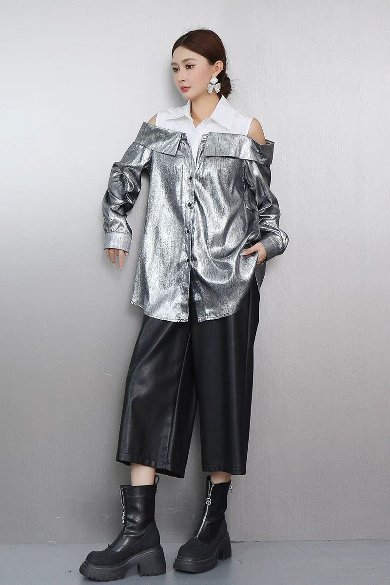 Design Off-Shoulder Metallic Shirt　X3630
