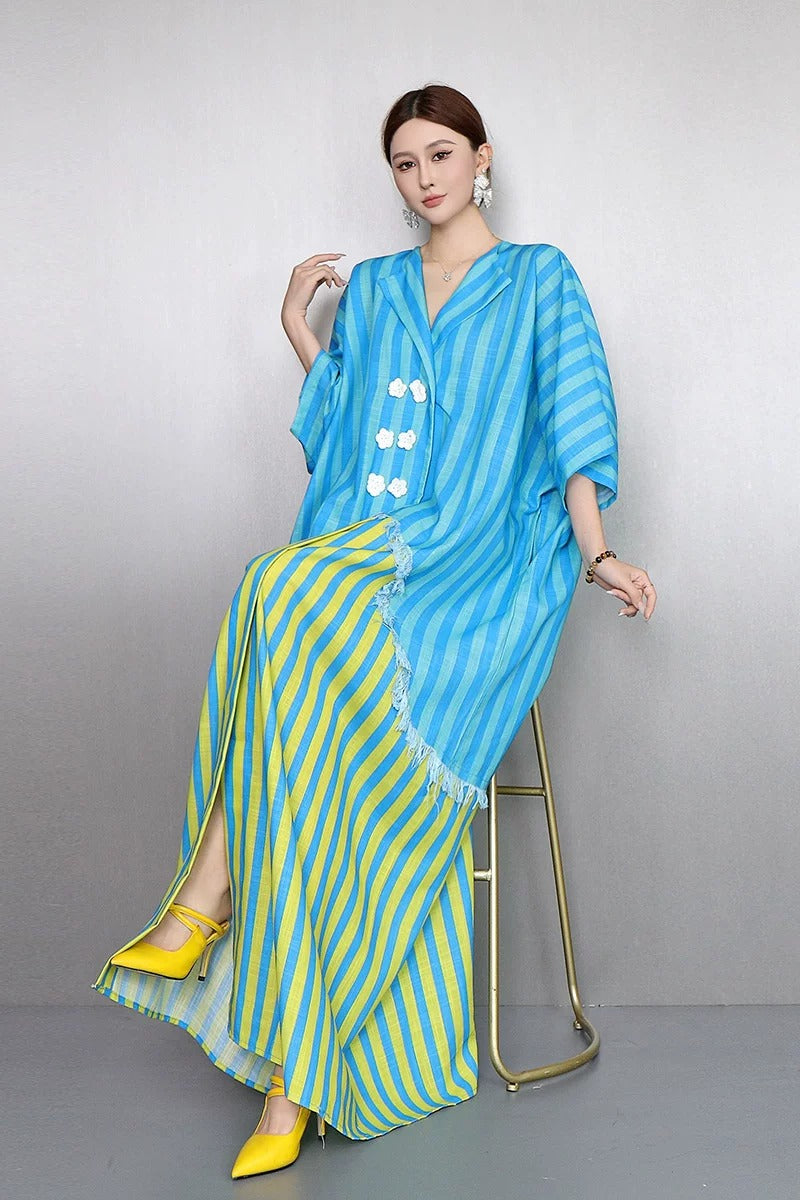 Resort Style V-Neck Striped Dress X3608