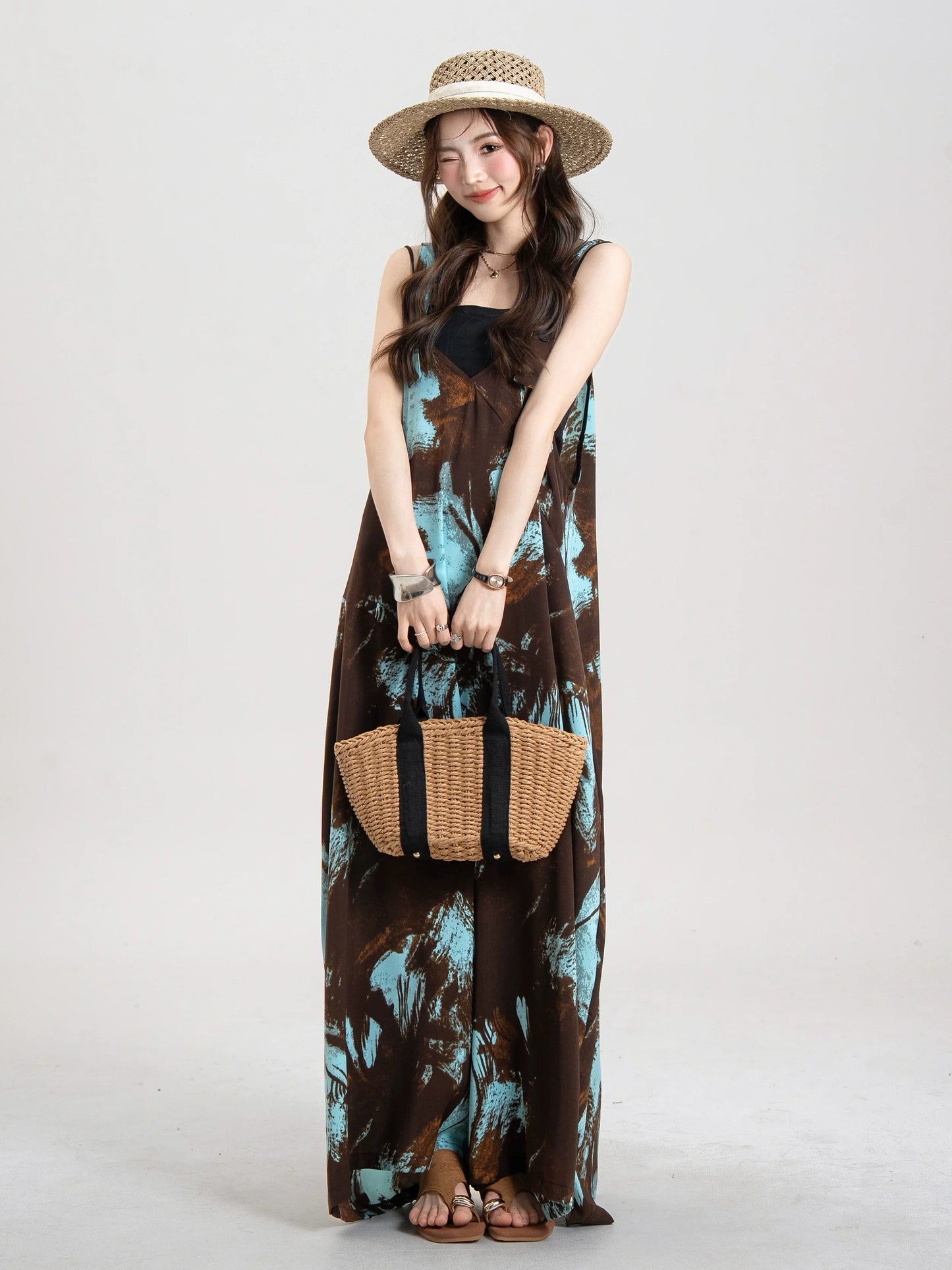 Artistic Ink-Wash Print Blue Camisole Jumpsuit X3643