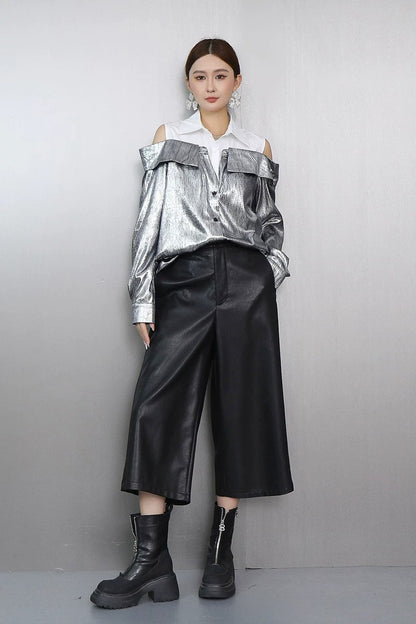 Design Off-Shoulder Metallic Shirt　X3630