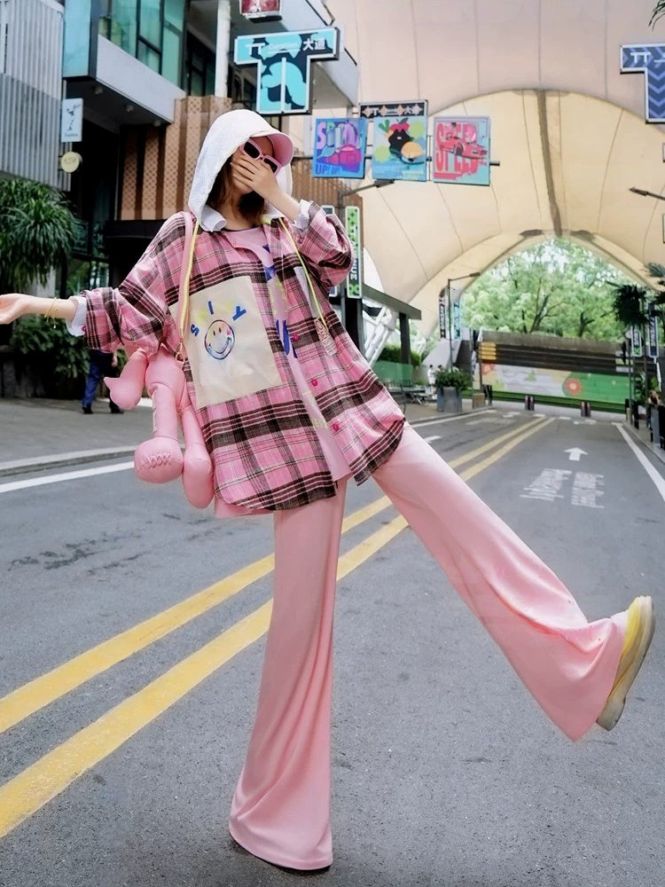 Pink Dopamine Color Flared Casual Pants　X3648
