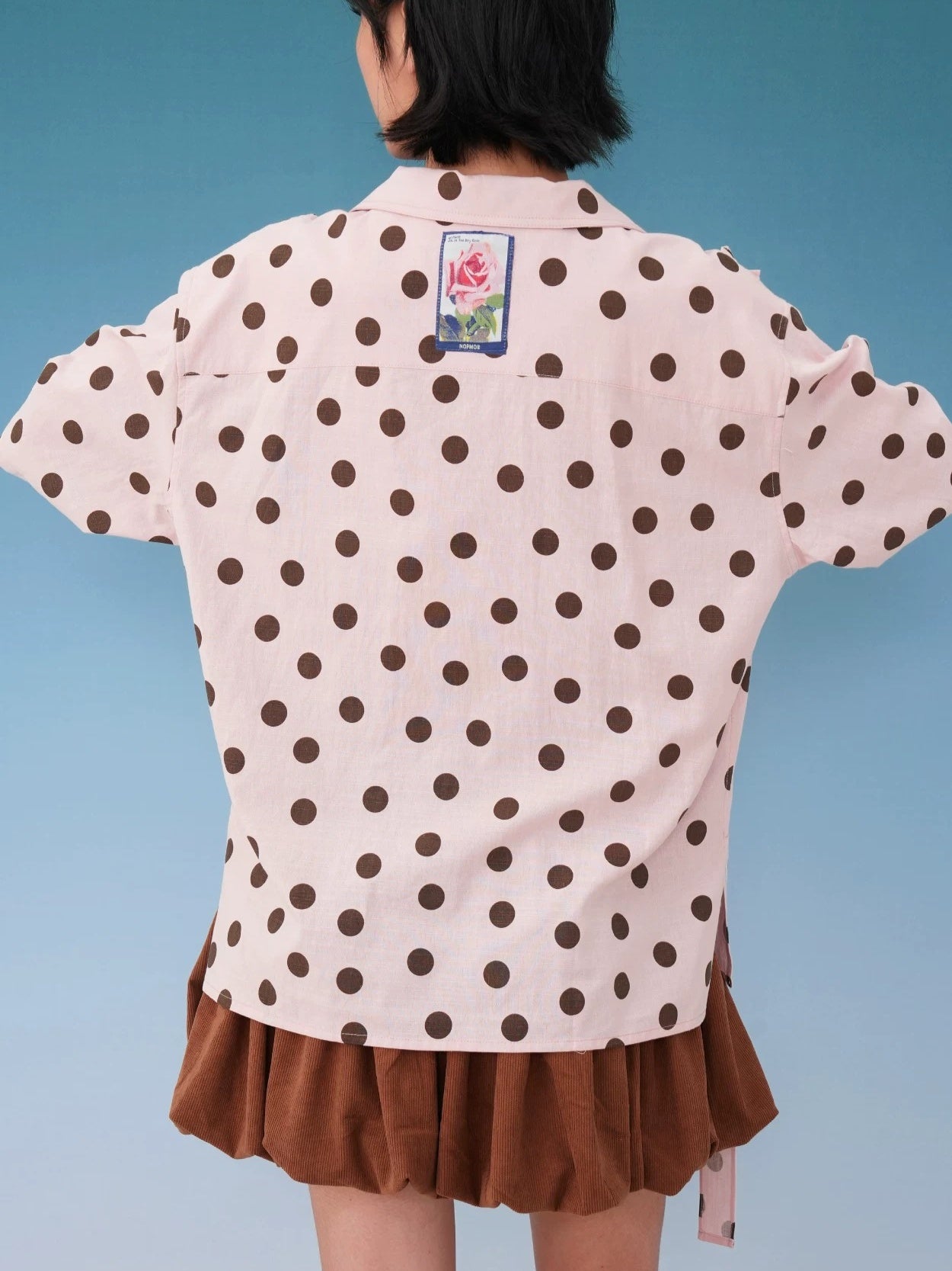 Pink & Brown Polka Dot Frill Ribbon Vintage Short Sleeve Shirt X3578