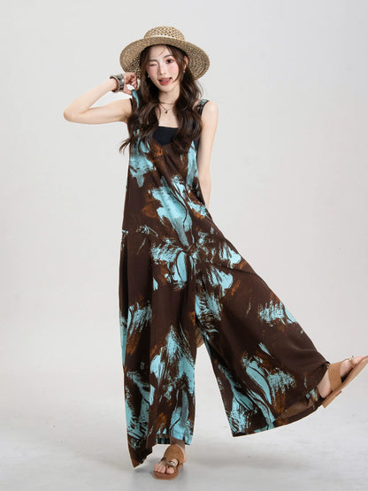 Artistic Ink-Wash Print Blue Camisole Jumpsuit X3643