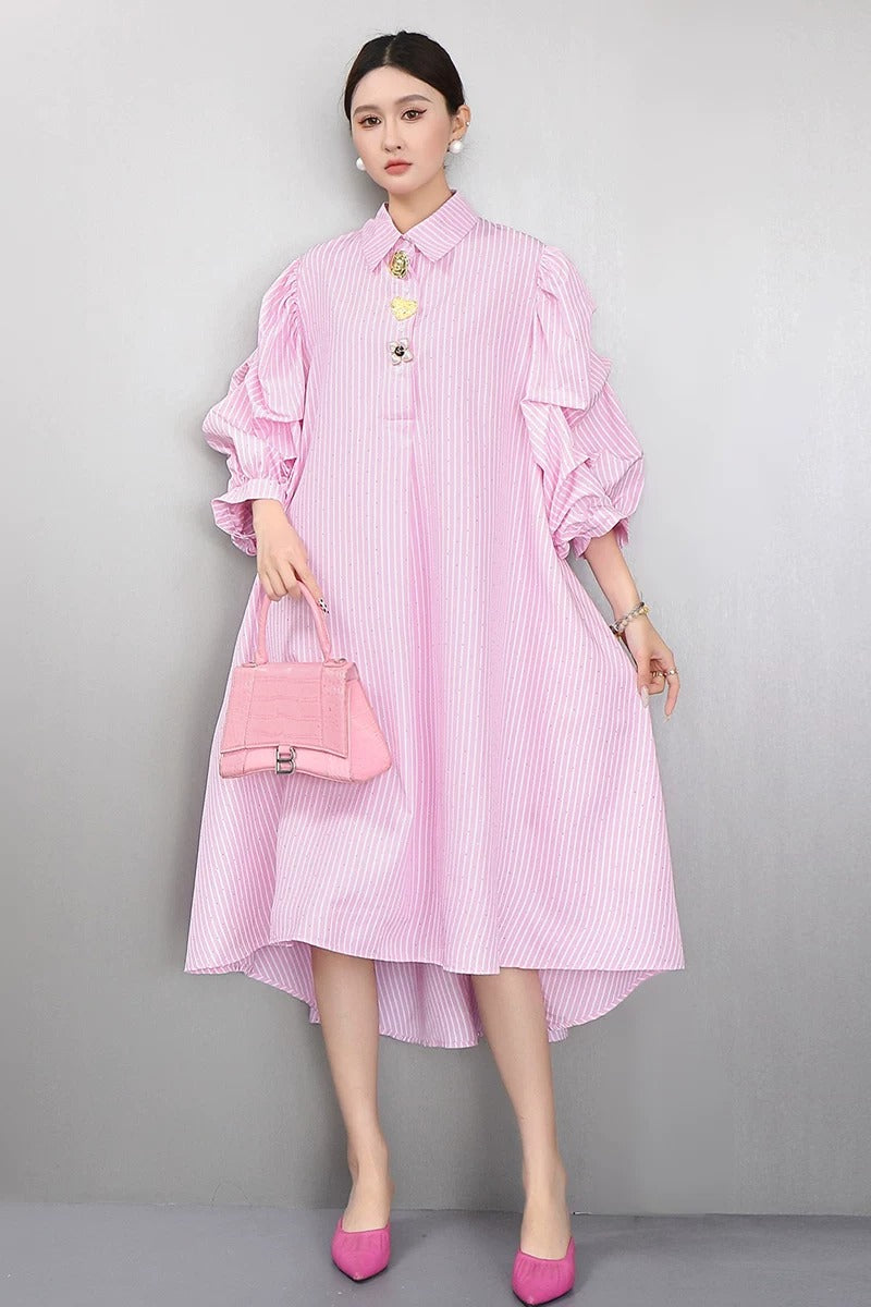 Striped Puff Sleeve Shirt Dress　X3625