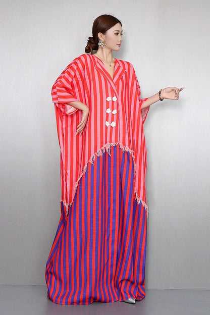 Resort Style V-Neck Striped Dress X3608