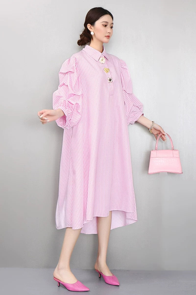 Striped Puff Sleeve Shirt Dress　X3625