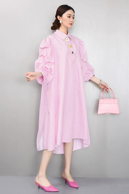 Striped Puff Sleeve Shirt Dress　X3625