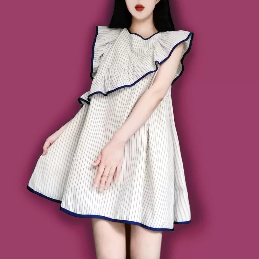 Striped Asymmetric Ruffle Doll Dress X3644