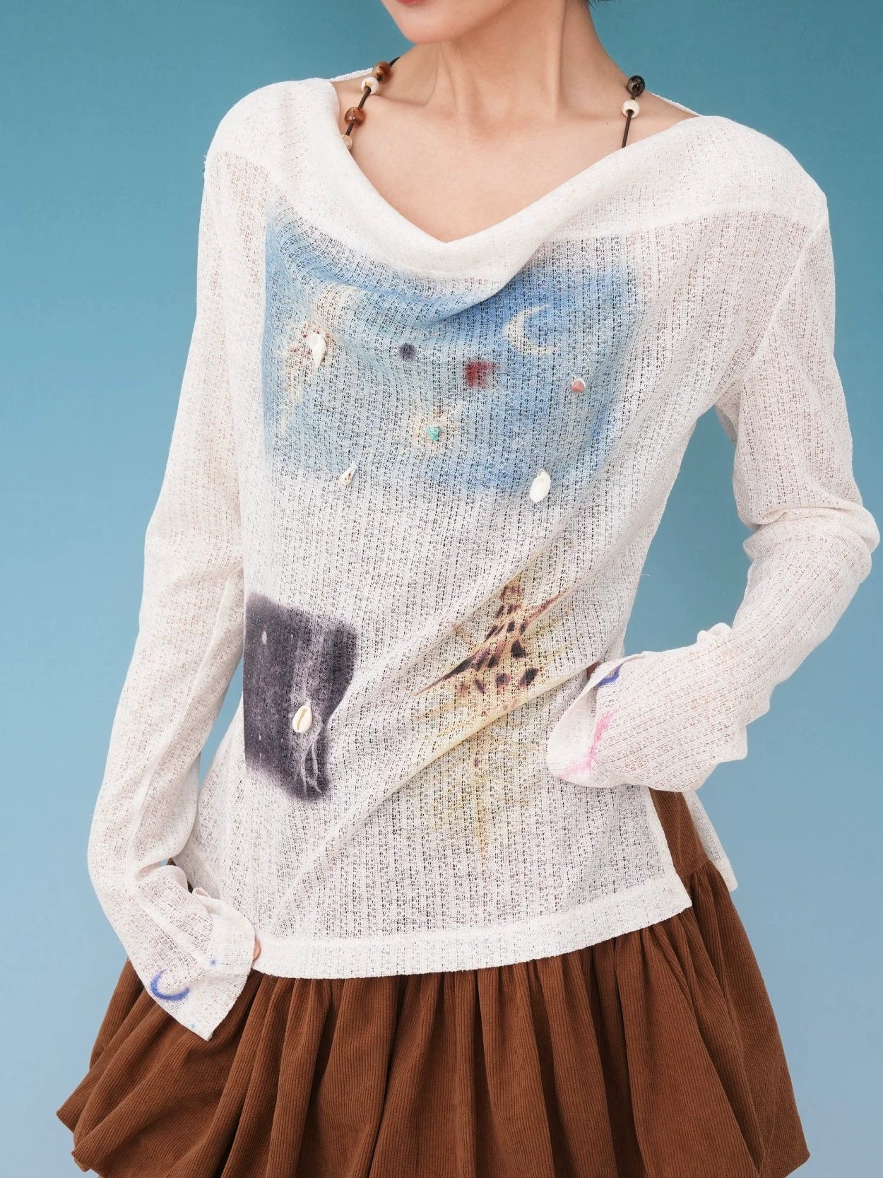 Shell × Moon Print Cool-Touch Knit UV Cover-Up Long Sleeve Top X3577