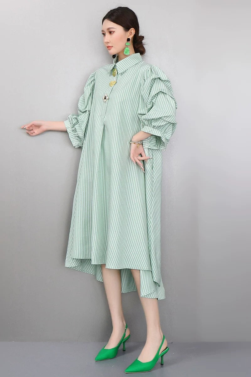 Striped Puff Sleeve Shirt Dress　X3625