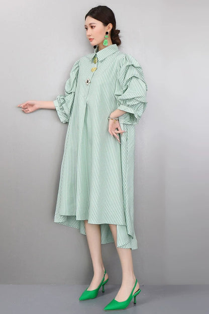 Striped Puff Sleeve Shirt Dress　X3625