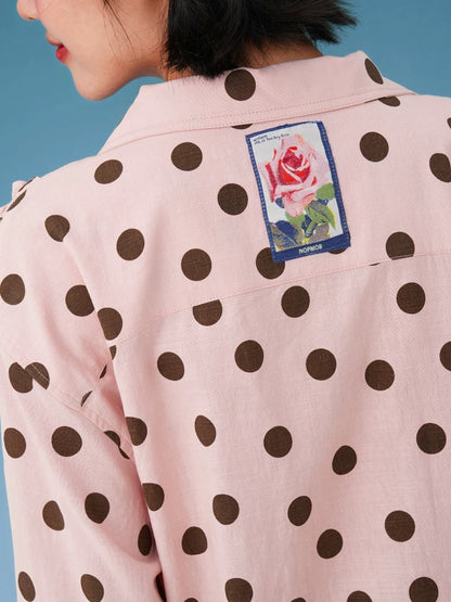 Pink & Brown Polka Dot Frill Ribbon Vintage Short Sleeve Shirt X3578