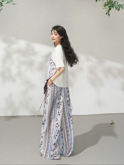 Art Floral Stripe Wide Leg Pants X3567