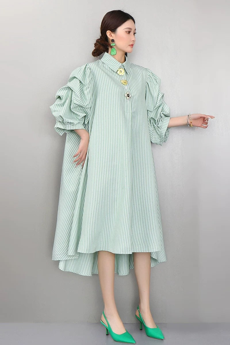 Striped Puff Sleeve Shirt Dress　X3625