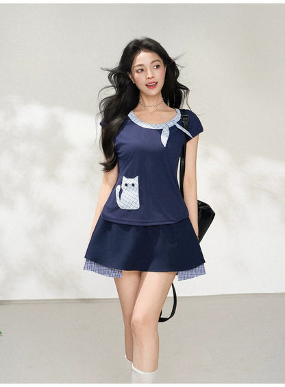Cat Pocket Square Neck Short Sleeve T-Shirt X3604
