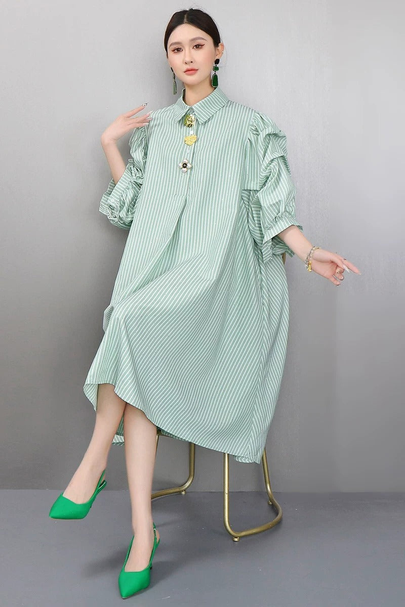 Striped Puff Sleeve Shirt Dress　X3625