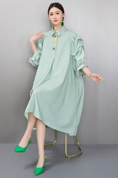 Striped Puff Sleeve Shirt Dress　X3625