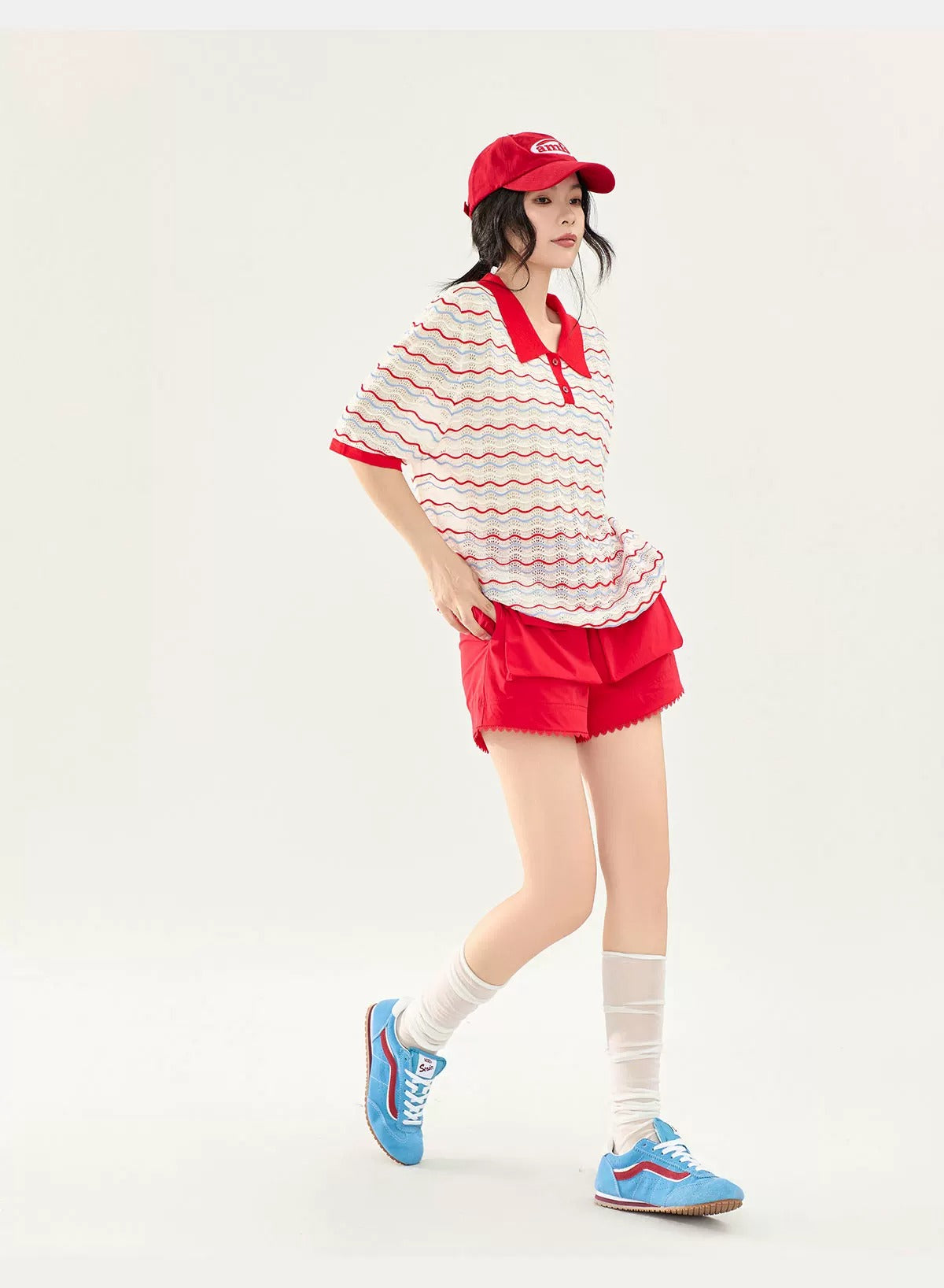 Color Stripe Collar Short Sleeve Knit Top X3579