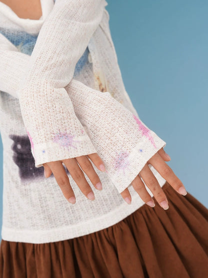 Shell × Moon Print Cool-Touch Knit UV Cover-Up Long Sleeve Top X3577