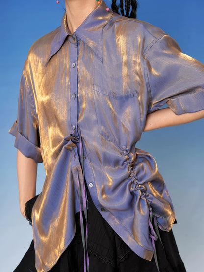 Polarized Shiny Drawstring Short Sleeve Shirt X3574