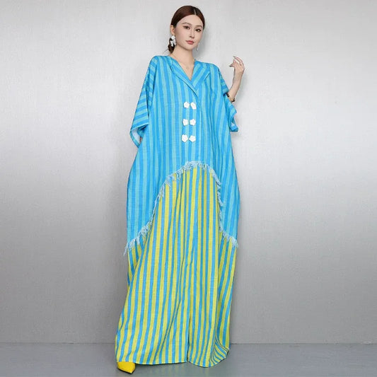 Resort Style V-Neck Striped Dress X3608