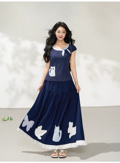 Cat Pocket Square Neck Short Sleeve T-Shirt X3604