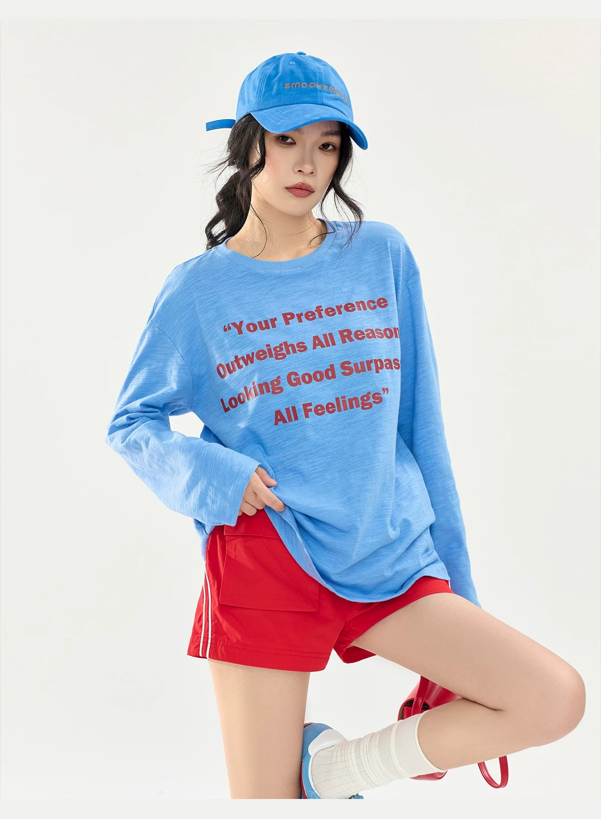 Klein Blue Slogan Print Long Sleeve Sheer T-Shirt X3580
