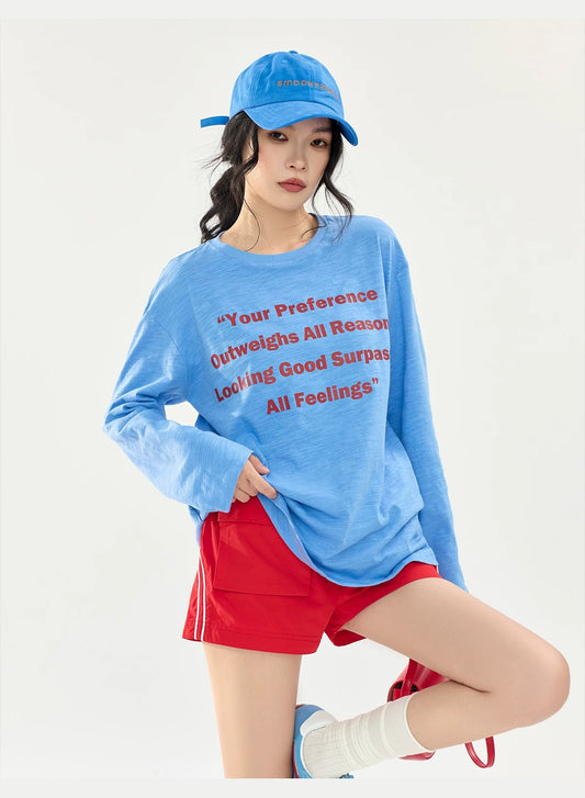 Klein Blue Slogan Print Long Sleeve Sheer T-Shirt X3580