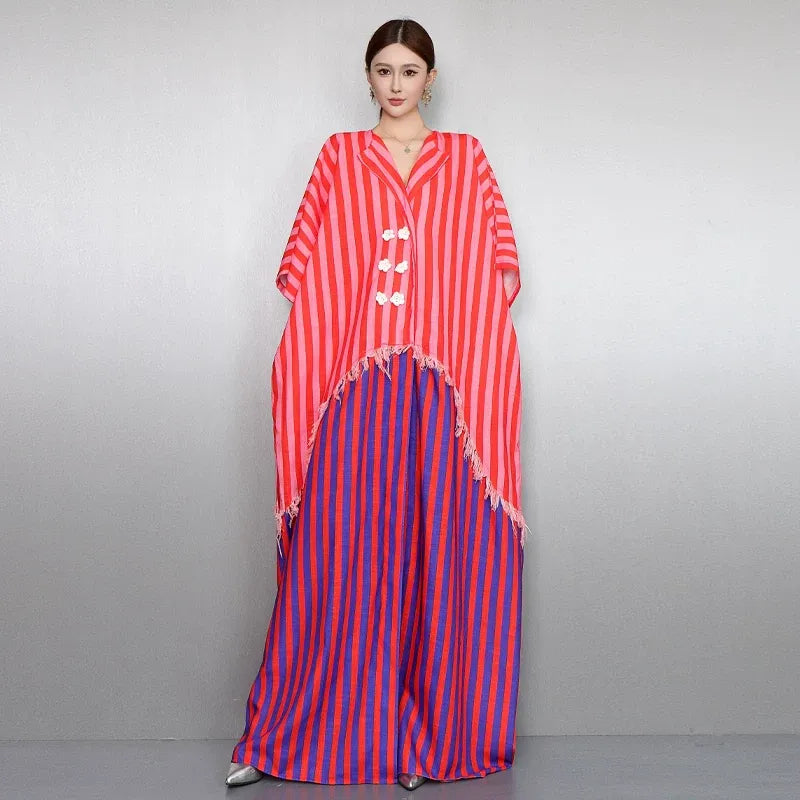Resort Style V-Neck Striped Dress X3608