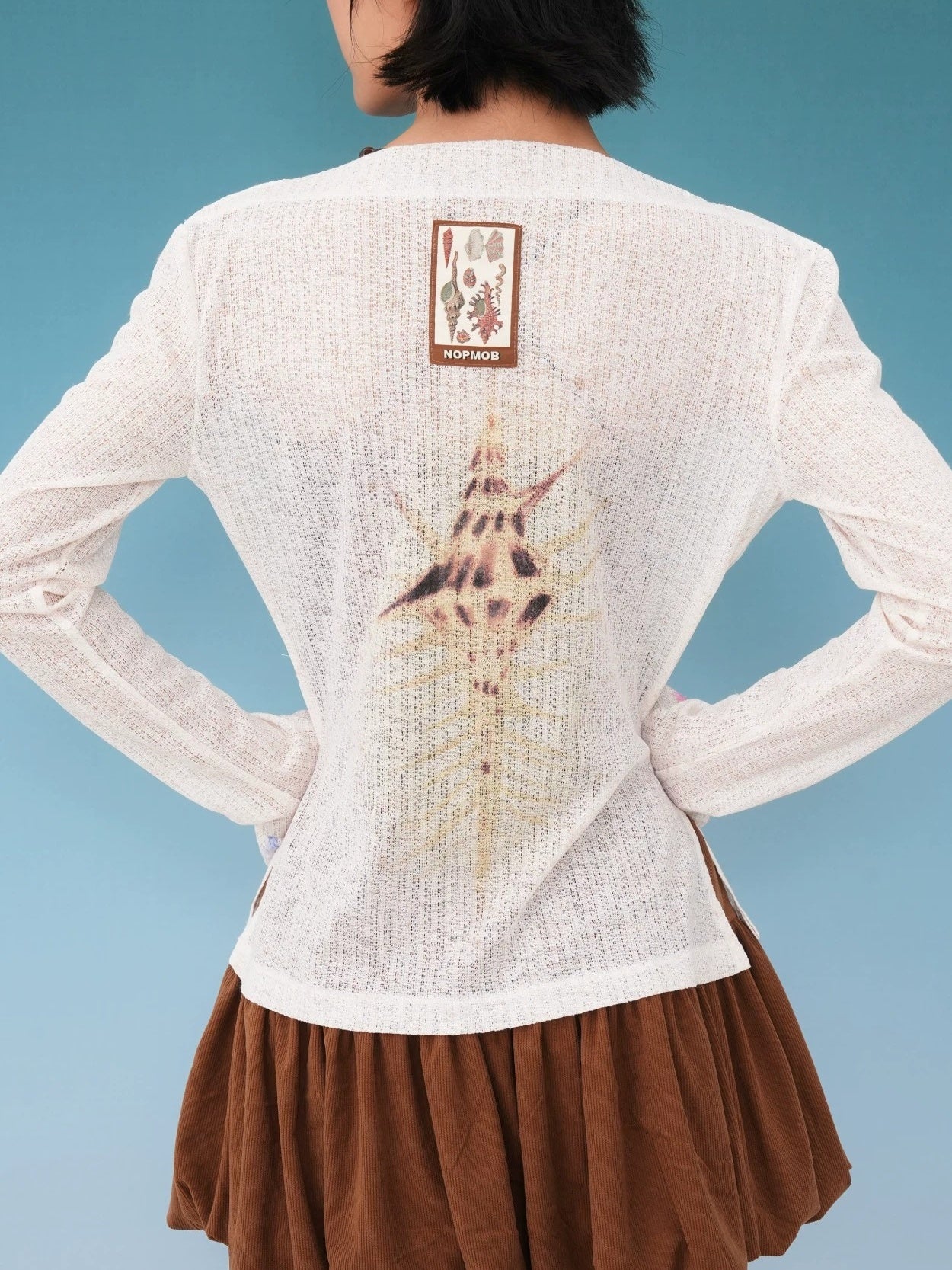 Shell × Moon Print Cool-Touch Knit UV Cover-Up Long Sleeve Top X3577