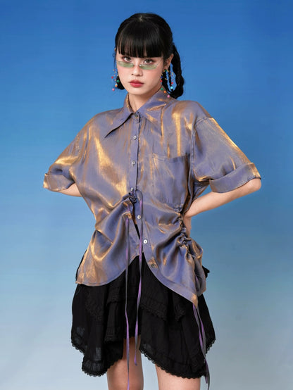 Polarized Shiny Drawstring Short Sleeve Shirt X3574