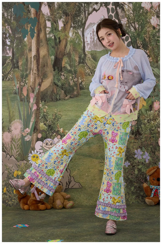 Floral & Animal Print Stretch Cotton Flare Pants X3594