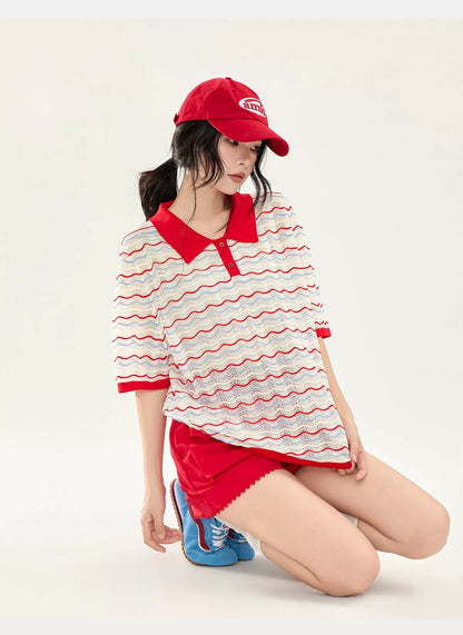 Color Stripe Collar Short Sleeve Knit Top X3579