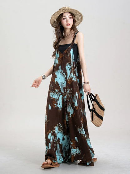 Artistic Ink-Wash Print Blue Camisole Jumpsuit X3643
