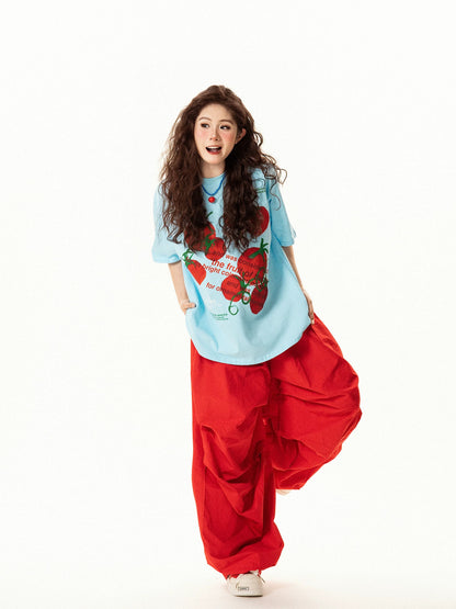 Retro Tomato Letter Print Oversized Short Sleeve T-Shirt　X3653