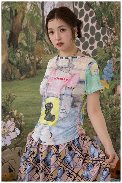 Colorful Animal Illustration Print Velvet Mesh Reversible Short Sleeve Top X3595