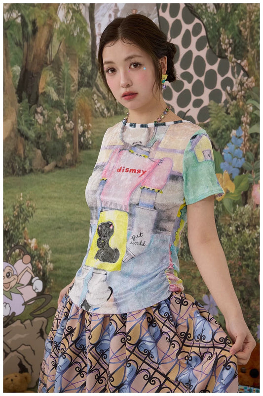 Colorful Animal Illustration Print Velvet Mesh Reversible Short Sleeve Top X3595