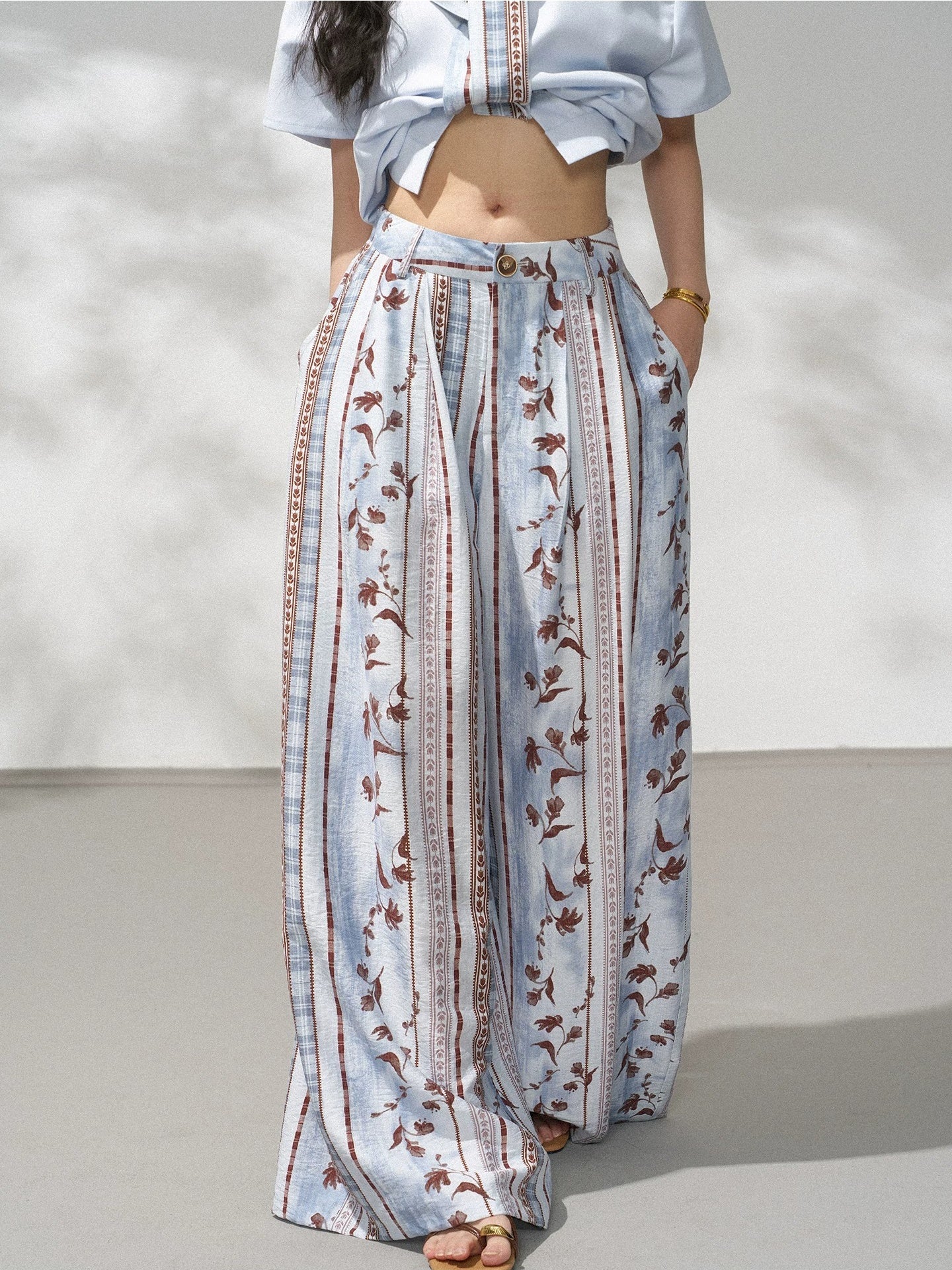 Art Floral Stripe Wide Leg Pants X3567