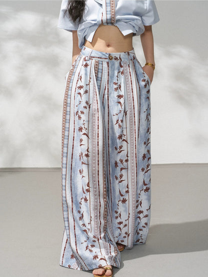 Art Floral Stripe Wide Leg Pants X3567