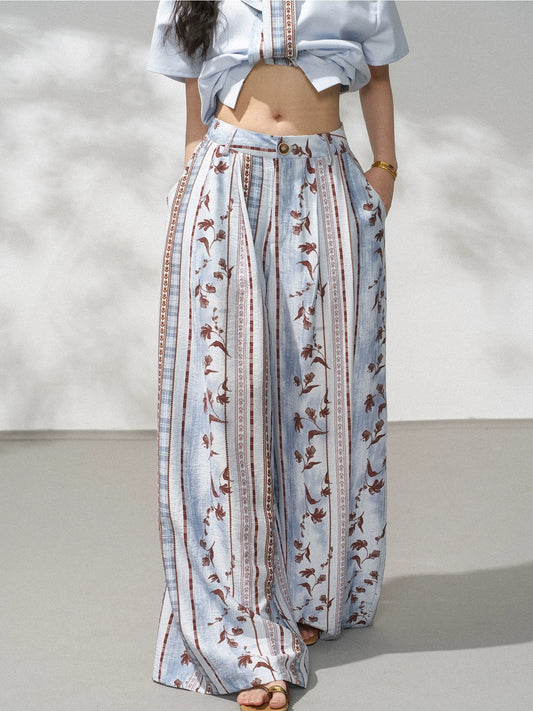 Art Floral Stripe Wide Leg Pants X3567