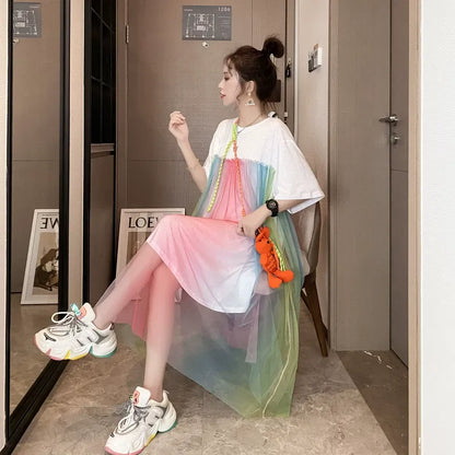 Rainbow Tulle Mesh Short Sleeve T-Shirt Dress　X3633