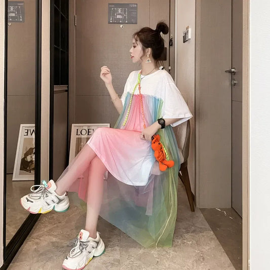 Rainbow Tulle Mesh Short Sleeve T-Shirt Dress　X3633